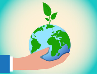businessman's hand holding up the world with a plant. environmental care concept