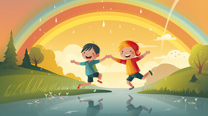 Two Children Holding Hands Under A Rainbow