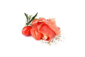 Tasty jamon slices and tomatoes on white background
