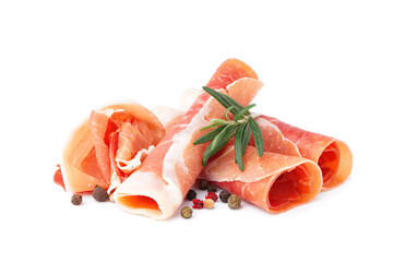 Tasty jamon slices and rosemary on white background