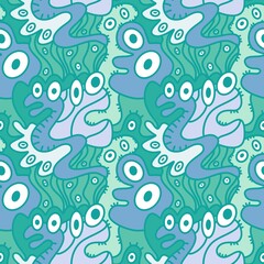 Fototapeta premium Cartoon monsters seamless emoticons aliens pattern for kids clothes print and wrapping paper and fabrics