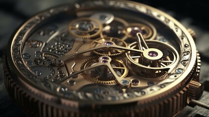 Fototapeta na wymiar Detailed view of minuscule gear wheels inside a wristwatch, showcasing precision engineering and craftsmanship, generative ai