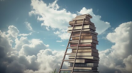 Abstract book stack with ladder on sky with clouds background. Generative ai