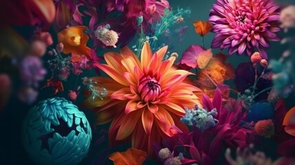Fototapeta na wymiar Colorful floral design with exotic flowers and tropical leaves background. Generative ai