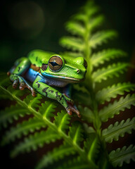 Close-up of a vibrant green tree frog resting on the stem of a lush fern, its vivid colors and intricate patterns blending harmoniously with the surrounding spring foliage.