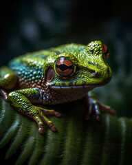 Close-up of a vibrant green tree frog resting on the stem of a lush fern, its vivid colors and intricate patterns blending harmoniously with the surrounding spring foliage.