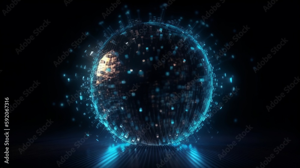 Poster Abstract round blue sphere light bright glowing from rays of energy and magic waves from particles and dots. Generative ai