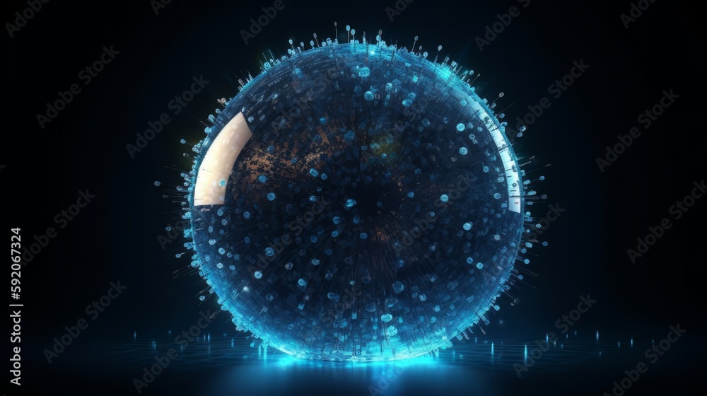 Poster Abstract round blue sphere light bright glowing from rays of energy and magic waves from particles and dots. Generative ai