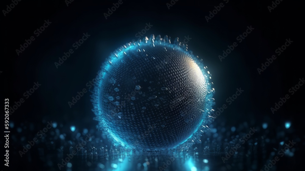 Poster Abstract round blue sphere light bright glowing from rays of energy and magic waves from particles and dots. Generative ai