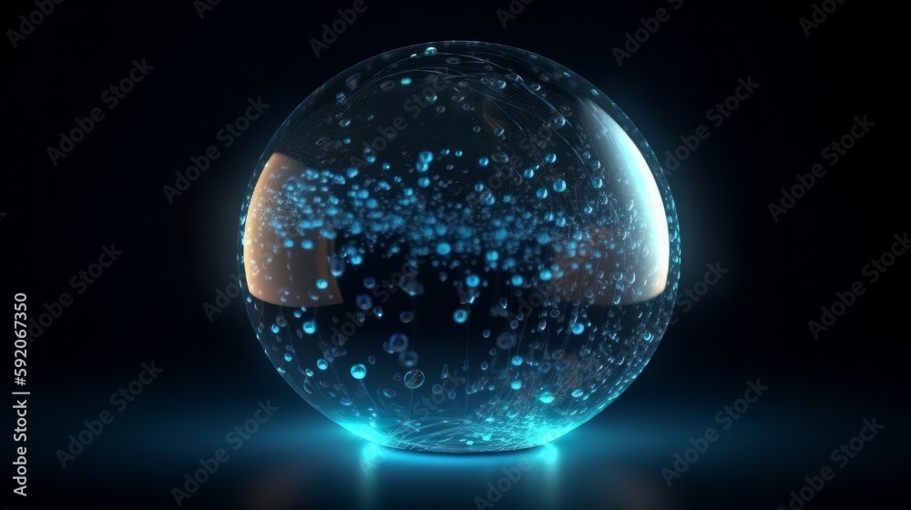 Poster Abstract round blue sphere light bright glowing from rays of energy and magic waves from particles and dots. Generative ai