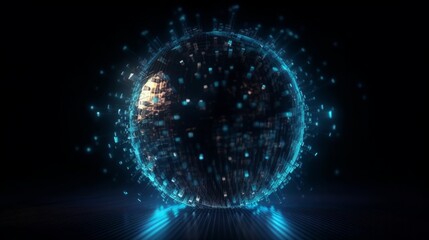 Obraz premium Abstract round blue sphere light bright glowing from rays of energy and magic waves from particles and dots. Generative ai