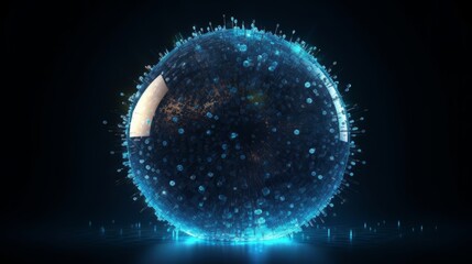 Abstract round blue sphere light bright glowing from rays of energy and magic waves from particles and dots. Generative ai