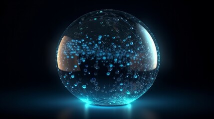 Obraz premium Abstract round blue sphere light bright glowing from rays of energy and magic waves from particles and dots. Generative ai