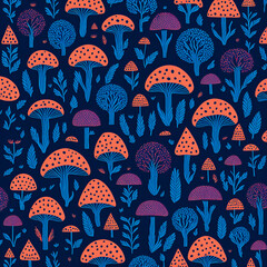 A beautiful fairy tale colorful mushrooms pattern on a black background, created by Generative AI