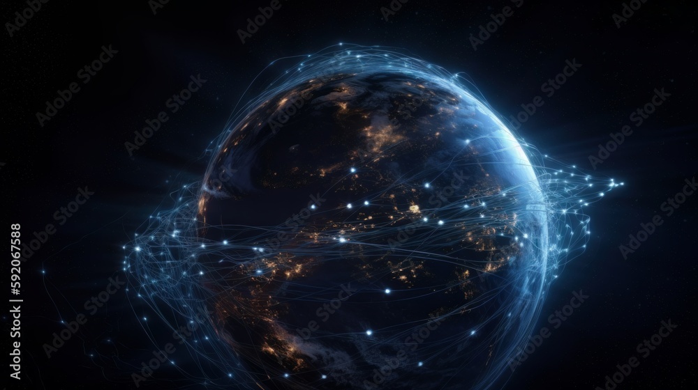 Aufkleber Image of the planet Earth in space experimental fiber - optic communications and Internet communications. Generative ai