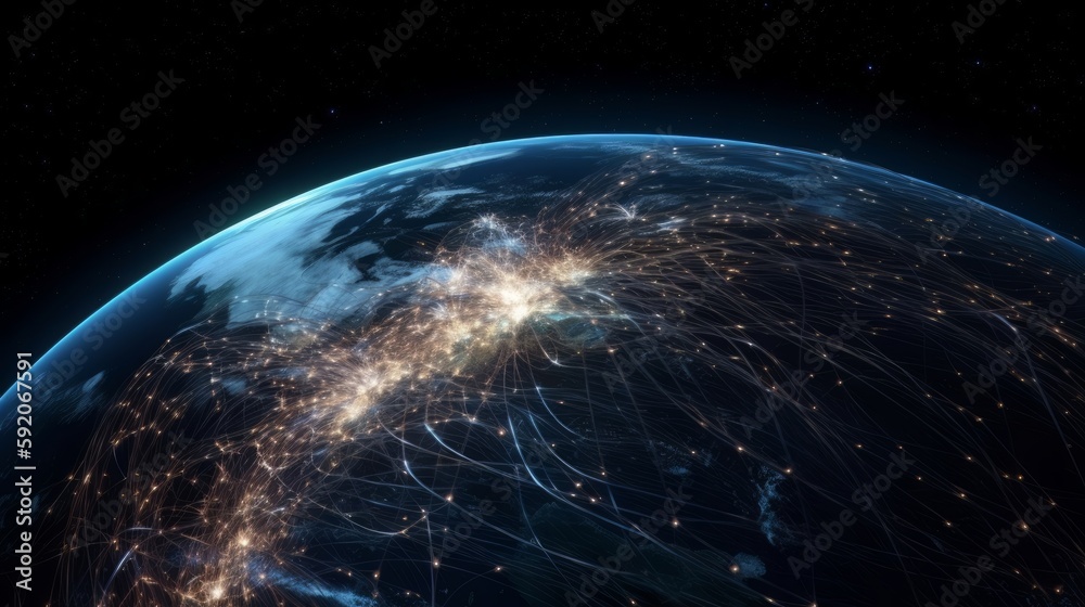 Poster Image of the planet Earth in space experimental fiber - optic communications and Internet communications. Generative ai