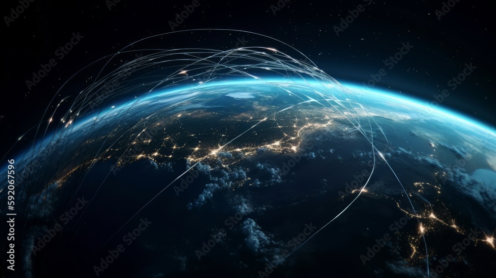 Poster Image of the planet Earth in space experimental fiber - optic communications and Internet communications. Generative ai