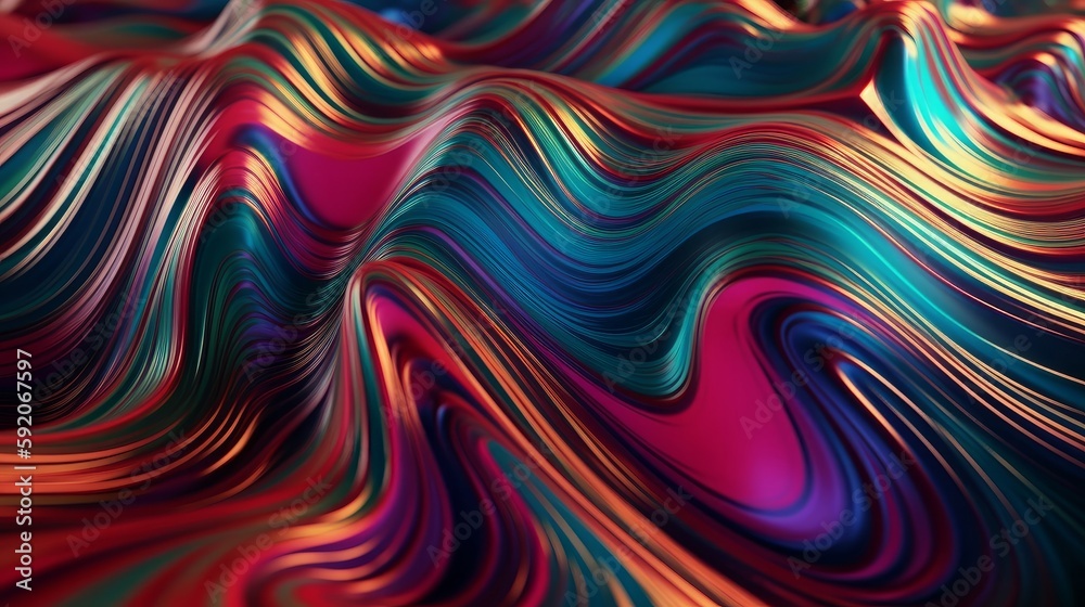 Poster Abstract fluid iridescent holographic neon curved wave in motion colorful background 3d render. Generative AI