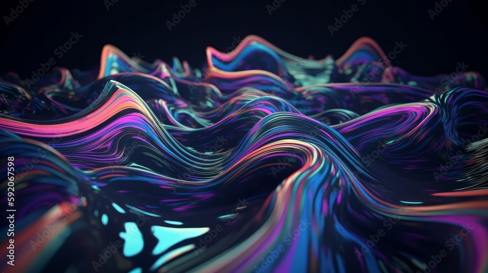 Poster Abstract fluid iridescent holographic neon curved wave in motion colorful background 3d render. Generative AI
