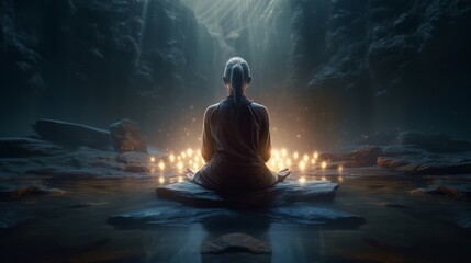 Human meditating with glowing inner energy. Generative ai