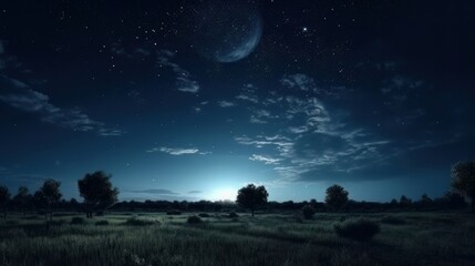 Dark blue sky after sunset with beautiful awesome sky with moon and milky way. Generative ai