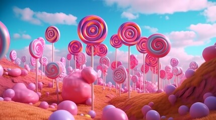 Fantasy Colorful lollipops on cotton candy landscape, pink background, illustration. Generative ai