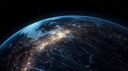 Image of the planet Earth in space experimental fiber - optic communications and Internet communications. Generative ai