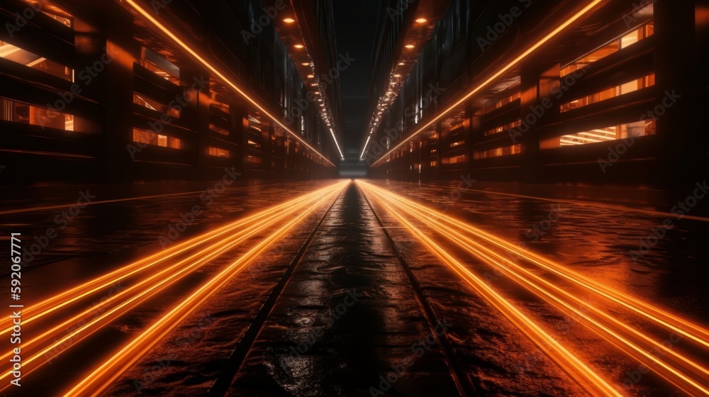 Poster orange glowing speed lines on black background. generative ai