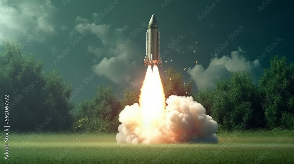 Poster rocket taking off isolated on green background. generative ai