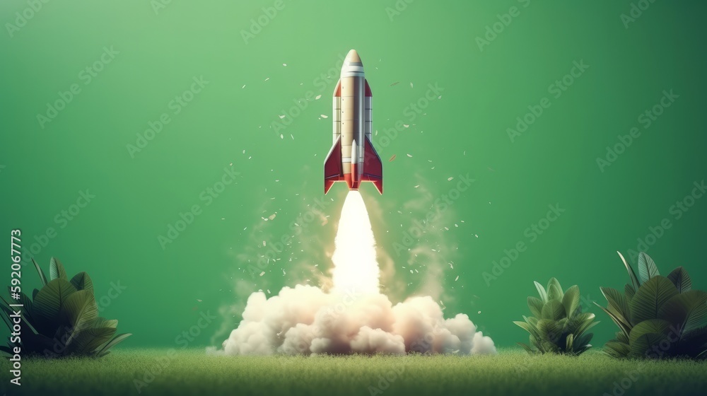 Poster Rocket taking off isolated on green background. Generative ai