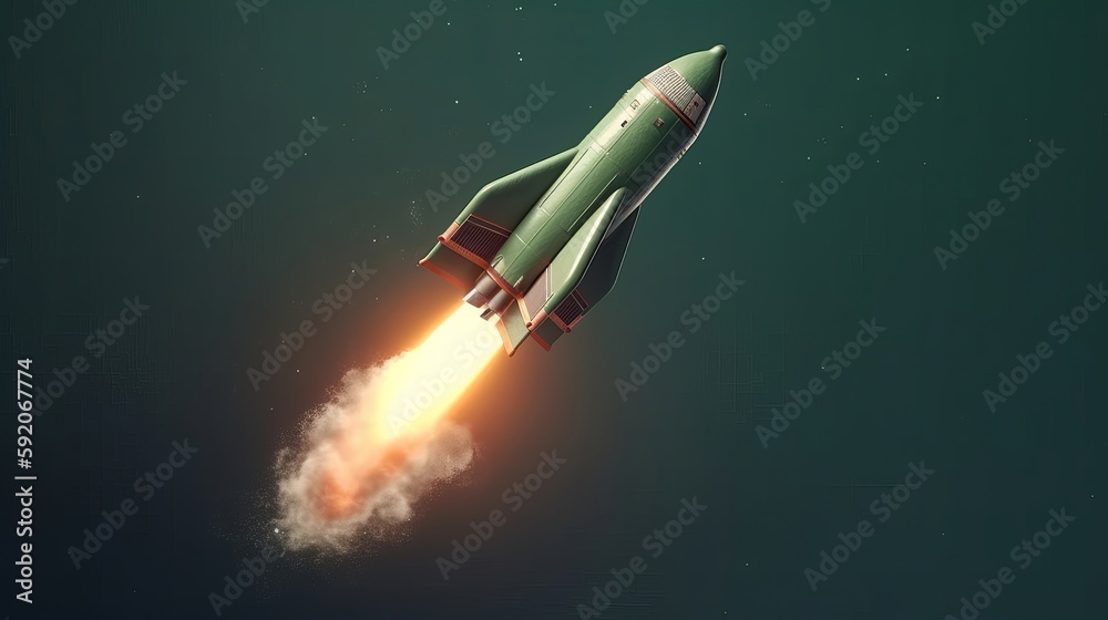 Poster rocket taking off isolated on green background. generative ai