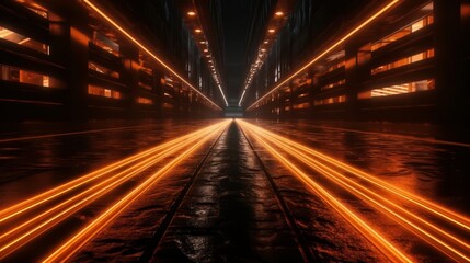 Fototapeta na wymiar Orange glowing speed lines on black background. Generative ai