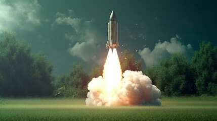 Naklejka premium Rocket taking off isolated on green background. Generative ai