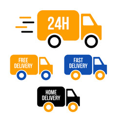 Set of delivery icons. Fast delivery, free delivery, 24 hours, home delivery trucks. Vector illustration set
