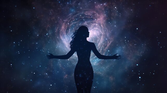 Fototapeta Silhouette of woman with universe background in watercolor style. Generative ai