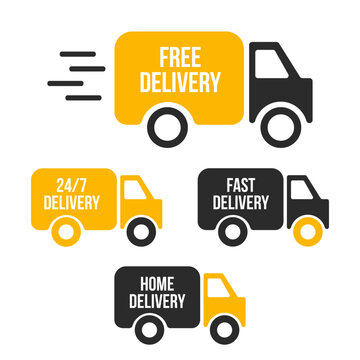 Set of delivery icons. Fast delivery, free delivery, 24/7 delivery, home delivery trucks. Vector illustration set
