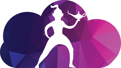 Obraz na płótnie Canvas Genie Logo Design. Magic Fantasy genie concept logo. genie with action with lamp vector template.