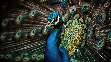 Fototapeta na wymiar Close up portrait of peacock. Gen AI