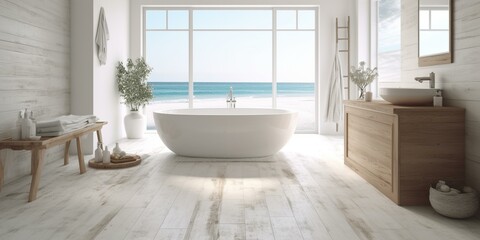 Fototapeta na wymiar A bright Coastal Bathroom with white Wood textures complemented by a Floor-Mounted tub in the center of the scene, generative ai