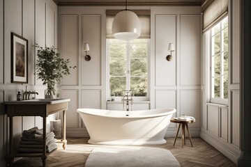 Fototapeta na wymiar A chic Scandinavian bathroom with white wood paneling and neutral accents, featuring a freestanding tub and wall sconces, generative ai