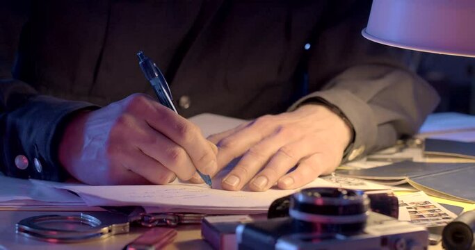 The end of the work of the secret police. He puts his hand on the table, gets up and leaves. Items on the table. End of work.