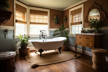 Fototapeta na wymiar A comfortable Colonial bathroom with a vintage clawfoot tub, natural wood finishes, and woven wicker rug, generative ai
