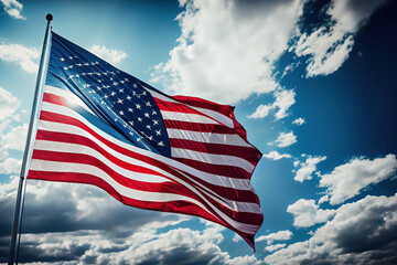Obraz premium The national flag of the United states on blue sky with clouds. Happy Labor Day. Generative Ai