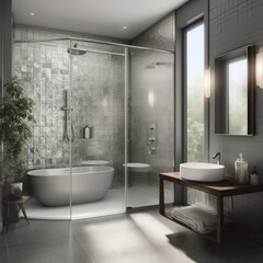 Naklejka na ściany i meble A contemporary Bathroom blending Metal and Glass textures, geometric shapes and clean lines for a modern look, generative ai