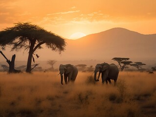 Fototapeta na wymiar The photograph shows a family of elephants walking across a savannah. The sun is setting, casting a warm orange glow on the grass and the elephants' skin. In the background, there are trees and mounta