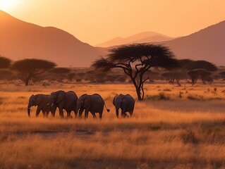 The photograph shows a family of elephants walking across a savannah. The sun is setting, casting a warm orange glow on the grass and the elephants' skin. In the background, there are trees and mounta