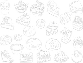 シンプルなケーキの線画イラストアイコンセット