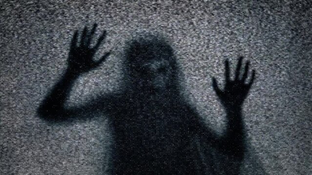 The eerie silhouette of a veiled ghost trapped inside an old retro analog television, trying to break the screen, struggling to escape, mixed with static noise.
