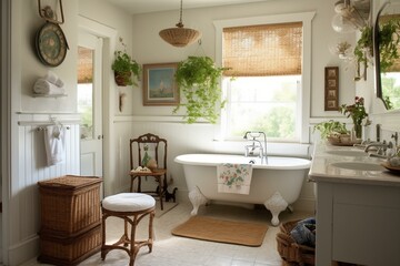 Naklejka na ściany i meble A inviting Cottage style Bathroom with a mix of vintage and modern elements, including a floral wicker stool, sleek fixtures, and playful decorative accents, generative ai