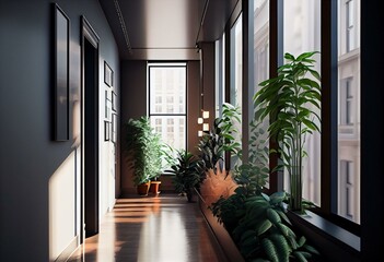 Contemporary light hallway interior with designer walls, panoramic window, decorative plants and city view. 3D Rendering. Generative AI
